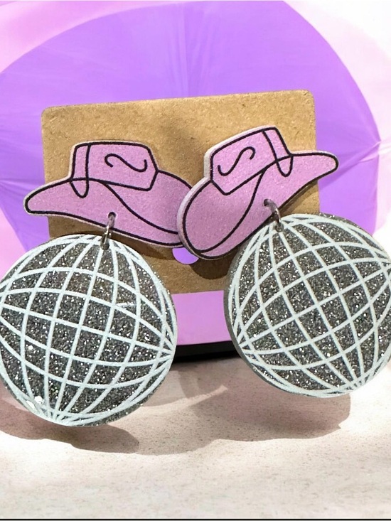 Jewelry - Pink Cowboy Hat Glitter Globe Statement Earrings